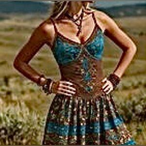 🆕Vintage Bohemian Western Spaghetti Strap Blue and Brown Dress. Size L. NWT.